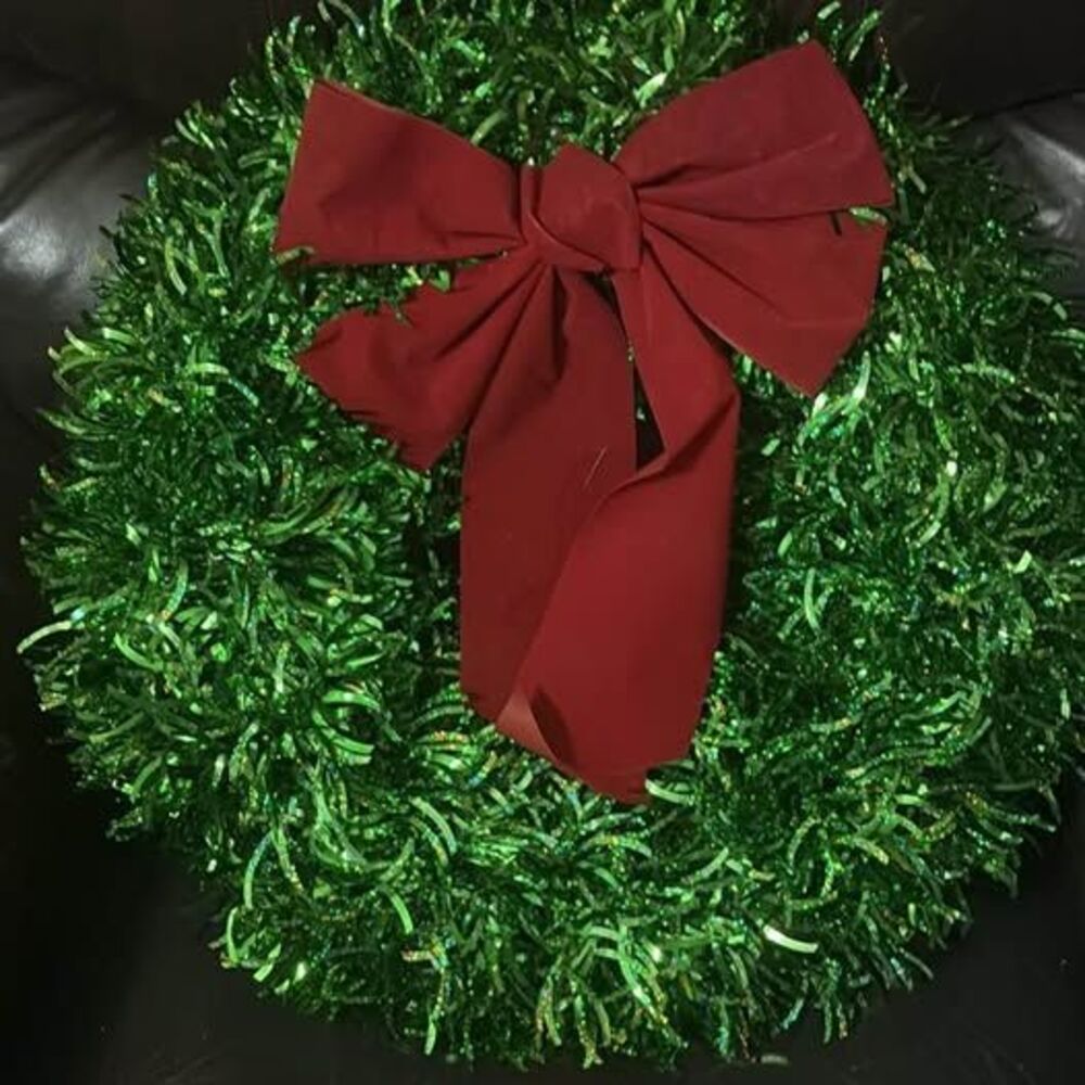 Green Tinsel Christmas Wreath with Red Bow